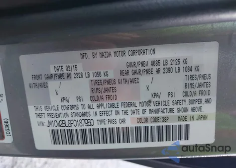 2015 Mazda Mazda5 Sport из США, поврежденный, VIN JM1CW2BL8F0187950